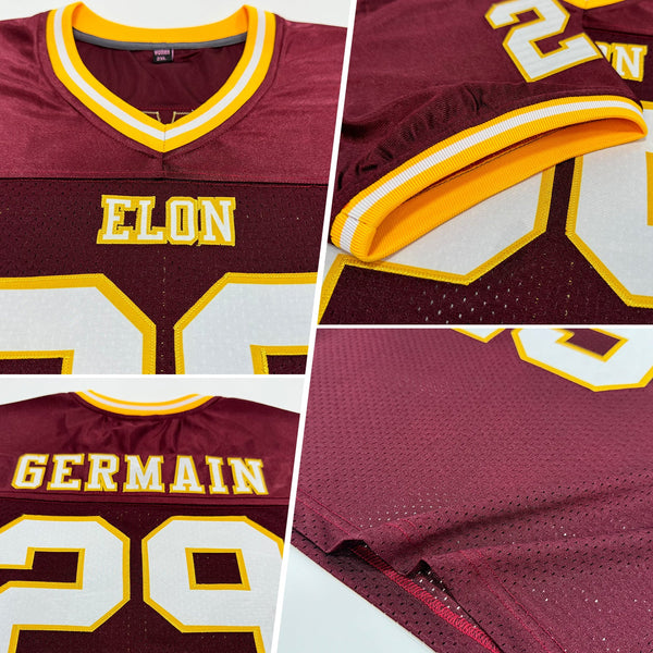 Custom Burgundy White-Gold Mesh Authentic Throwback Football Jersey alternate