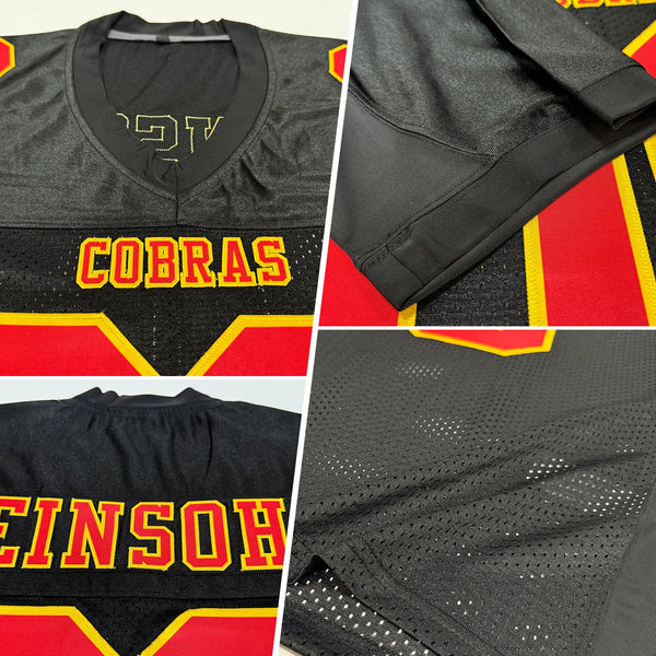 Custom Black Red-Gold Mesh Authentic Football Jersey alternate