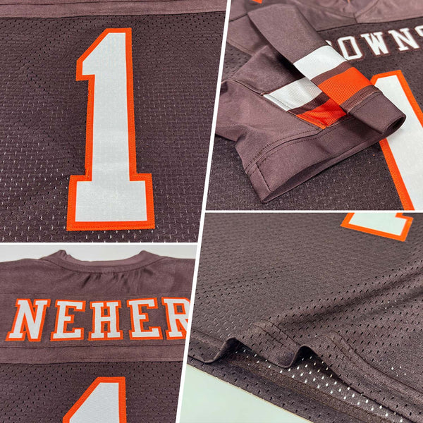 Custom Brown White-Orange Mesh Authentic Football Jersey alternate