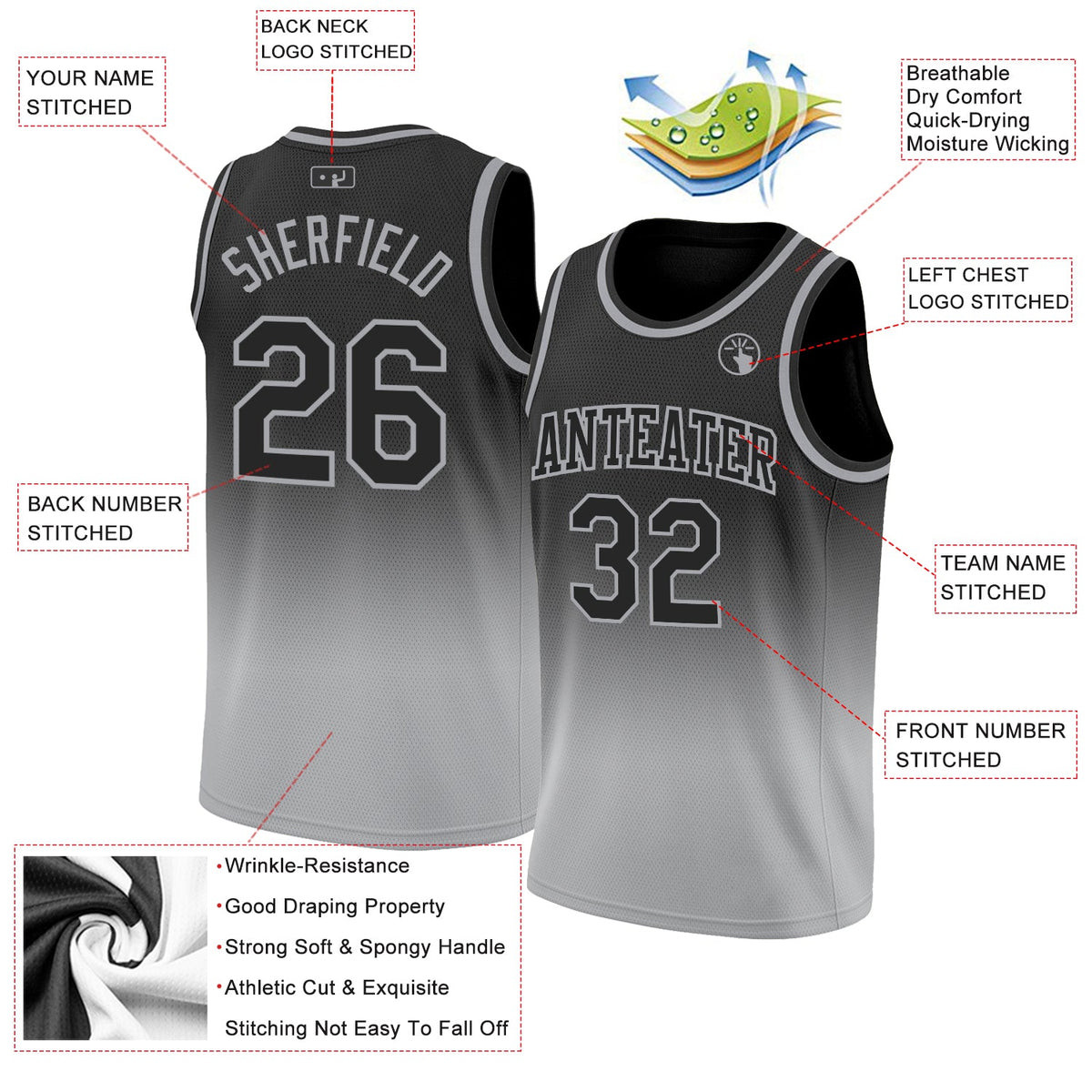Custom Black Black-Gray Authentic Fade Fashion Basketball Jersey - Back