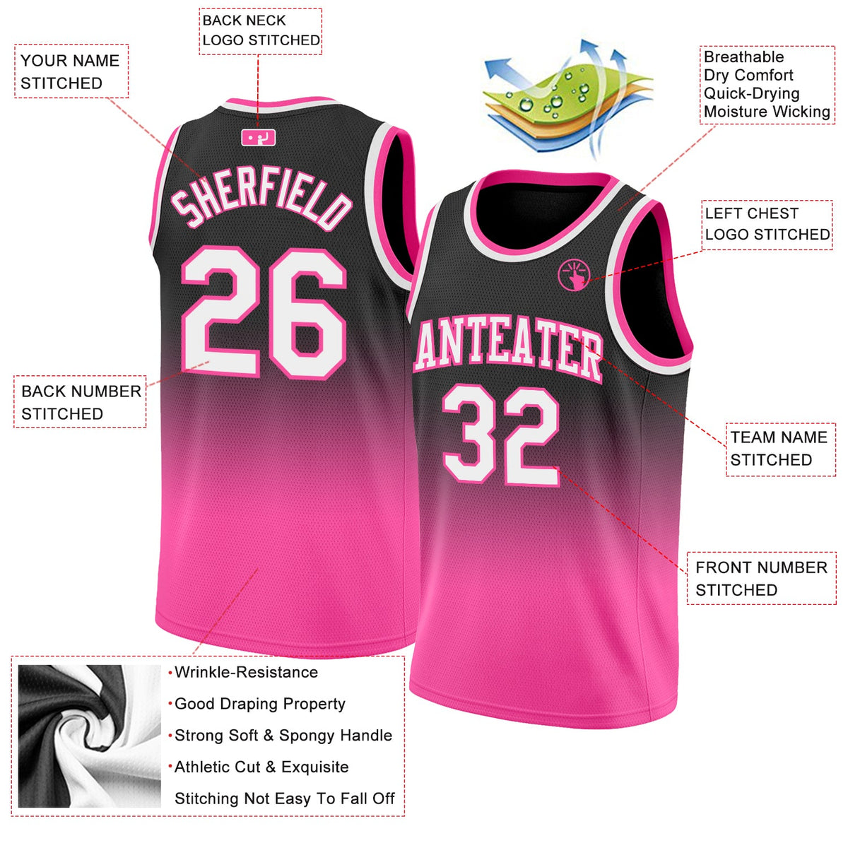 Custom Black White-Pink Authentic Fade Fashion Basketball Jersey - Back