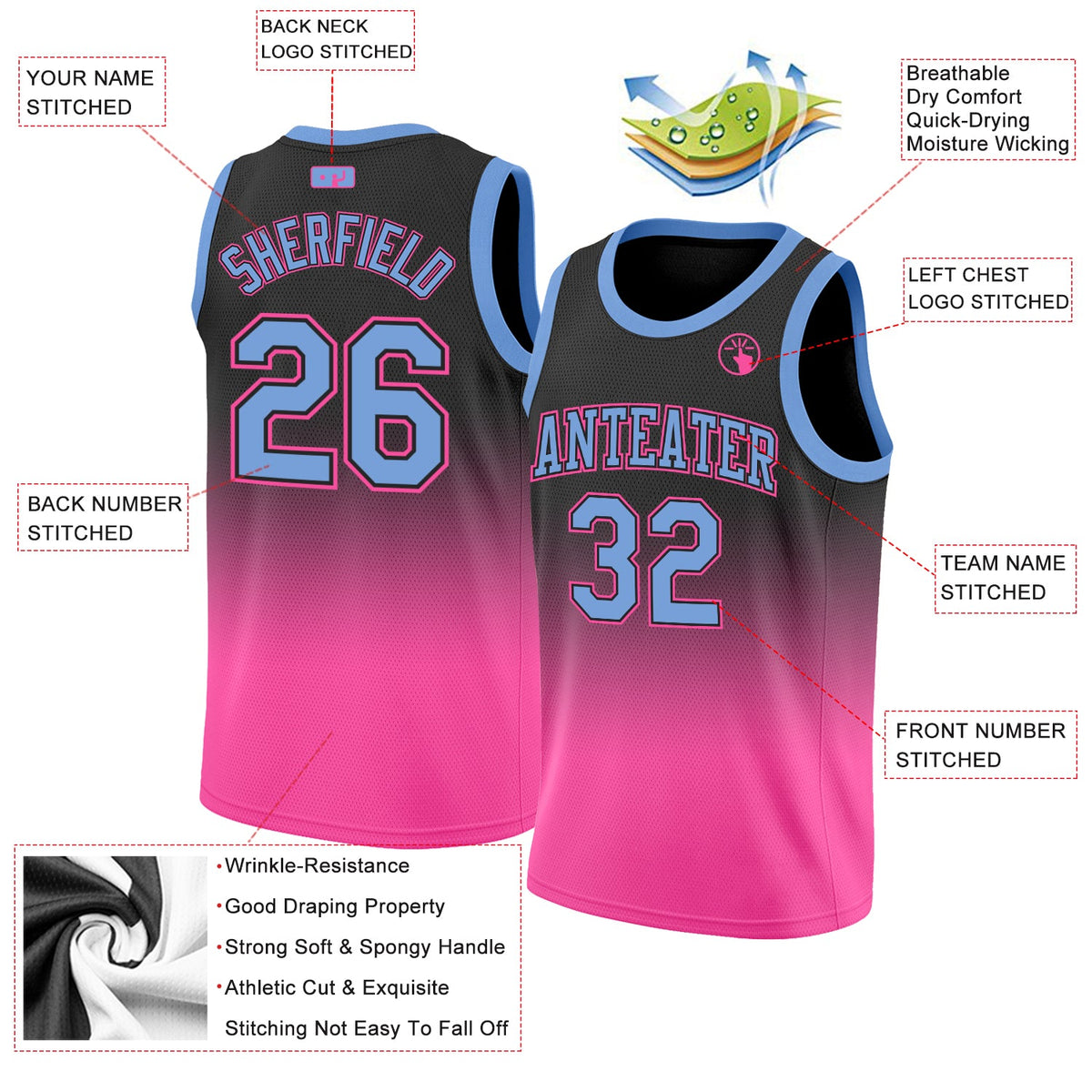 Custom Black Light Blue-Pink Authentic Fade Fashion Basketball Jersey - Back