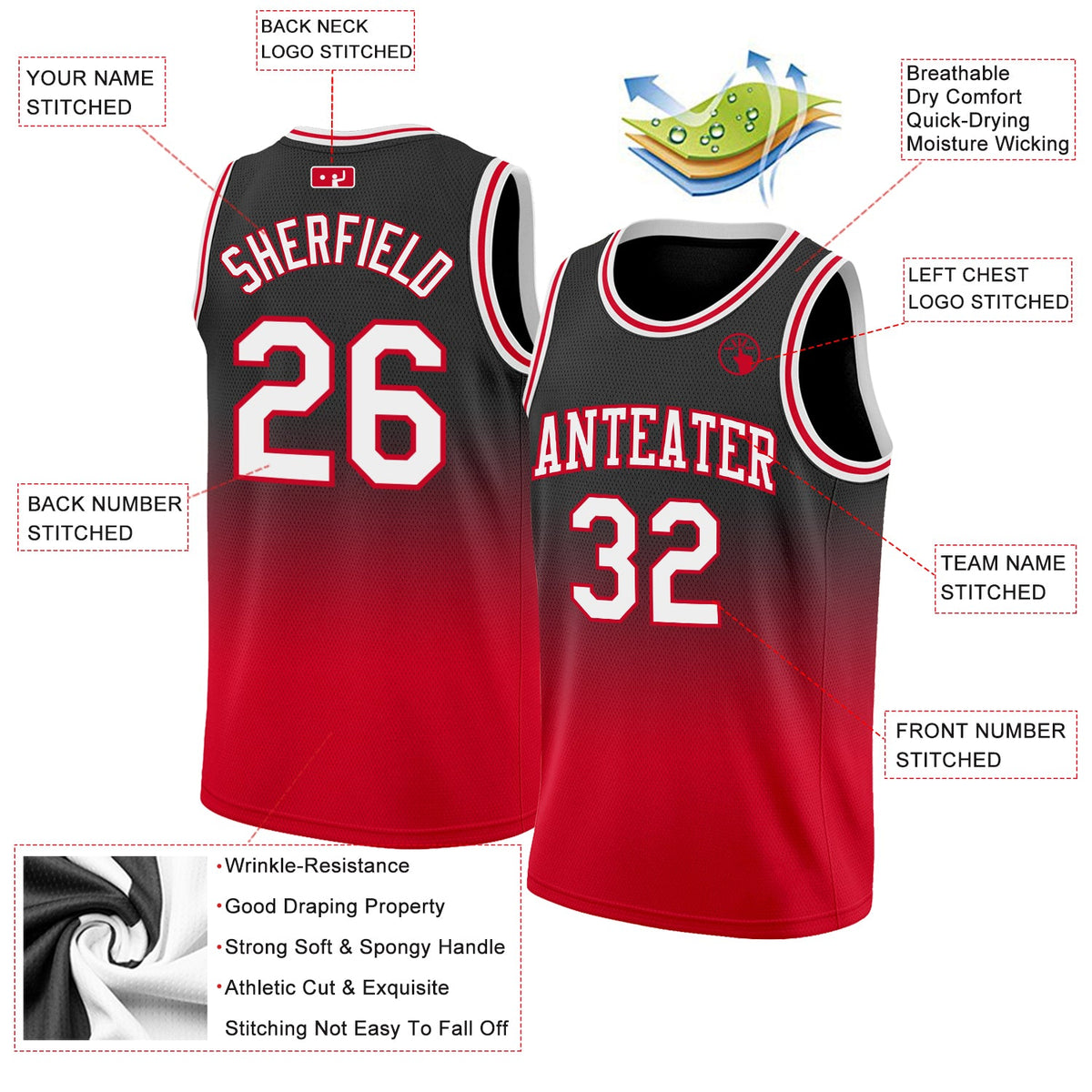 Custom Black White-Red Authentic Fade Fashion Basketball Jersey - Back