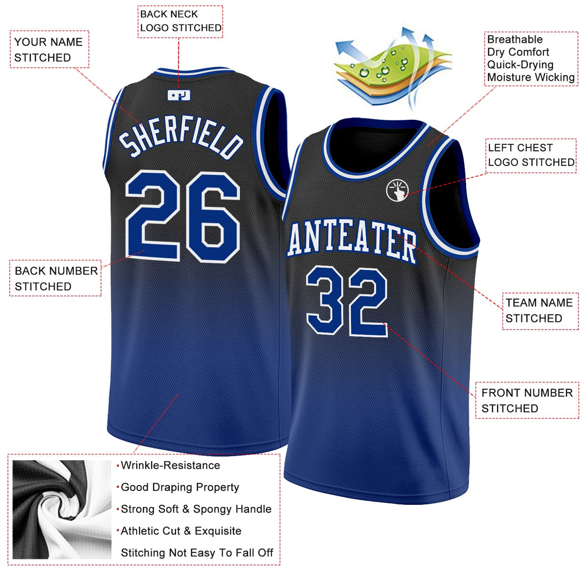 Custom Black Royal-White Authentic Fade Fashion Basketball Jersey - Back