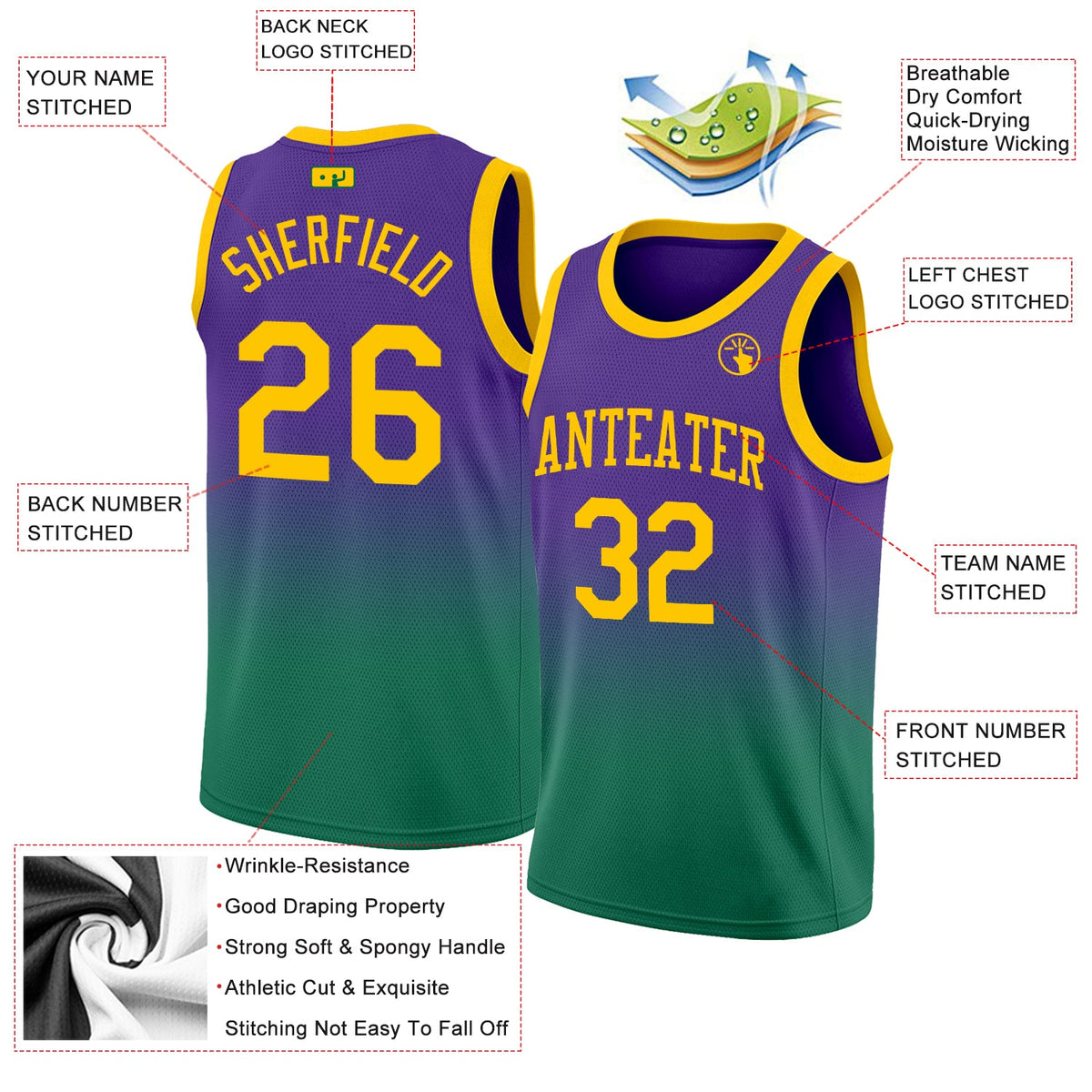 Custom Purple Gold-Kelly Green Authentic Fade Fashion Basketball Jersey - Back