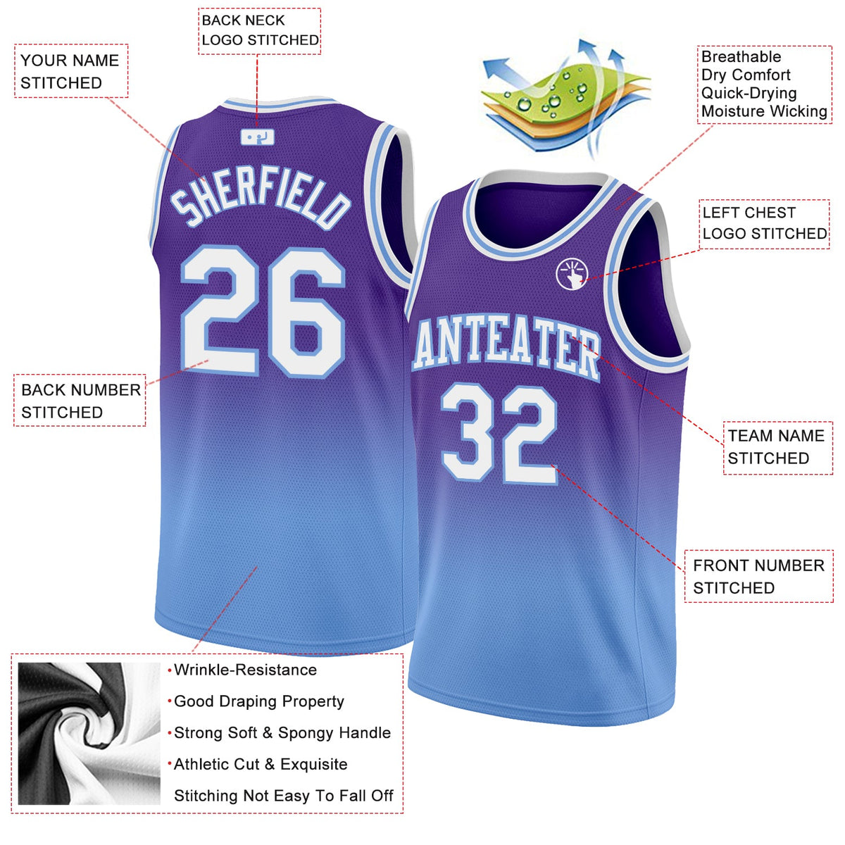 Custom Purple White-Light Blue Authentic Fade Fashion Basketball Jersey - Back
