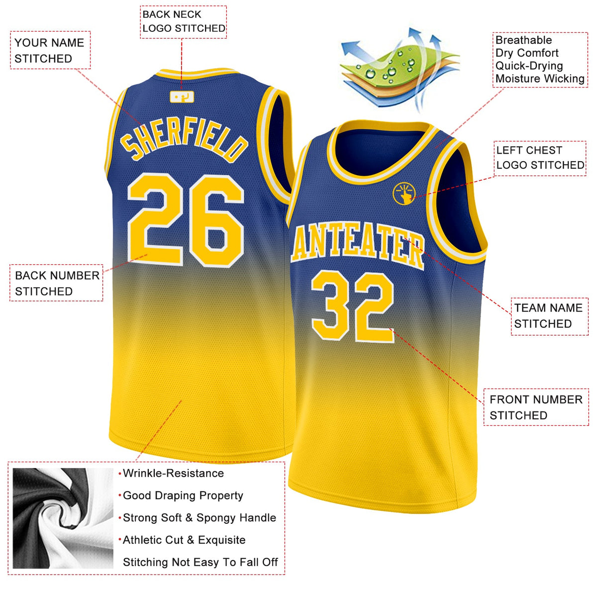 Custom Royal Gold-White Authentic Fade Fashion Basketball Jersey - Back
