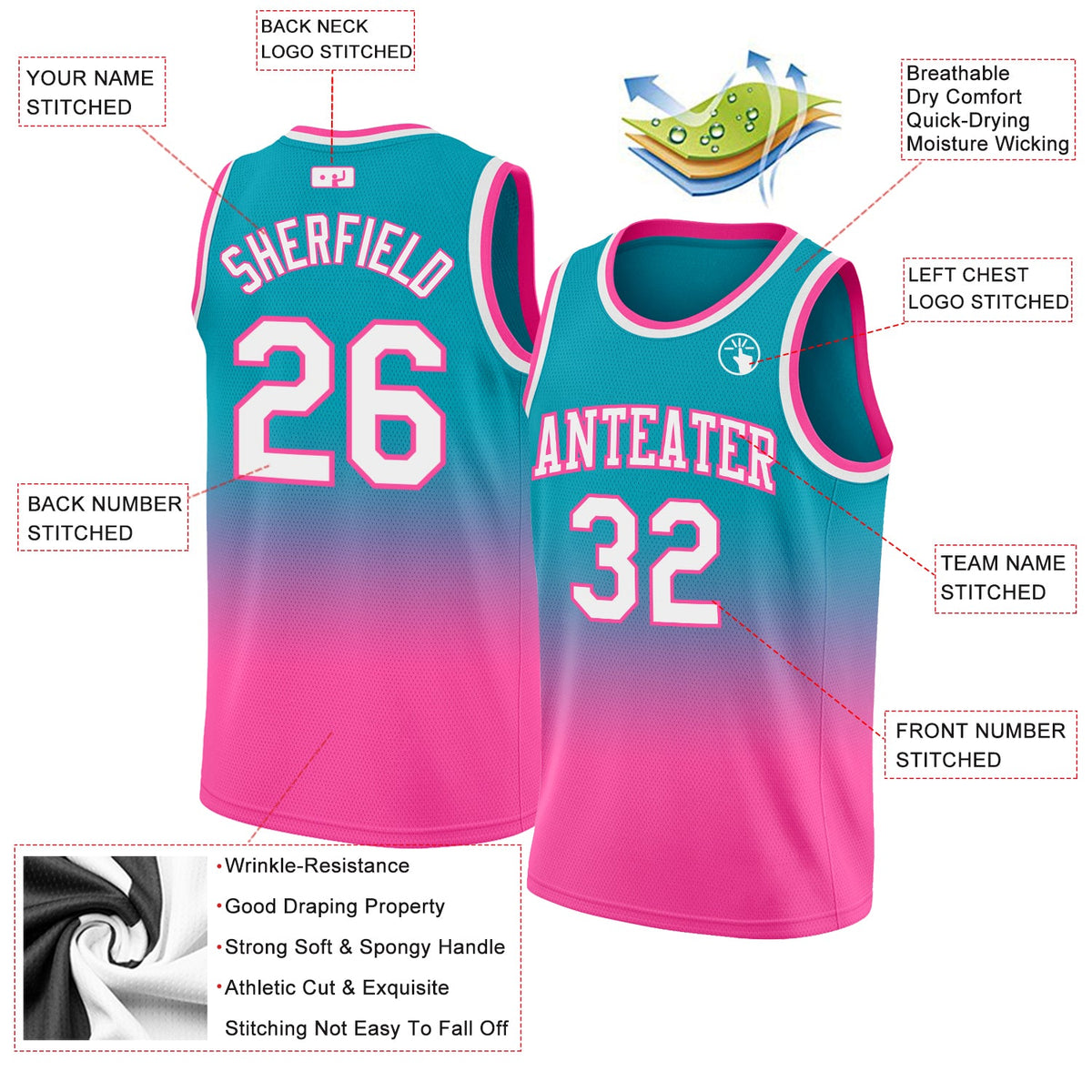 Custom Teal White-Pink Authentic Fade Fashion Basketball Jersey - Back