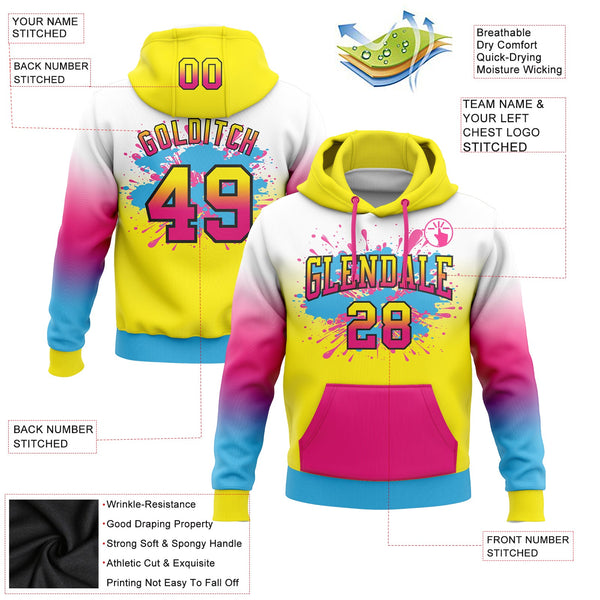 Custom Stitched White Light Yellow Hot Pink Sky Blue-Black Fade Fashion Splash Sports Pullover Sweatshirt Hoodie alternate