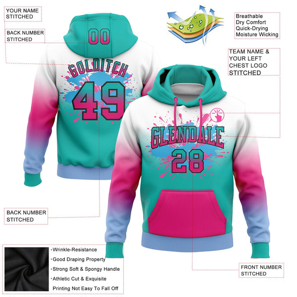 Custom Stitched White Aqua Hot Pink Light Blue-Black Fade Fashion Splash Sports Pullover Sweatshirt Hoodie alternate