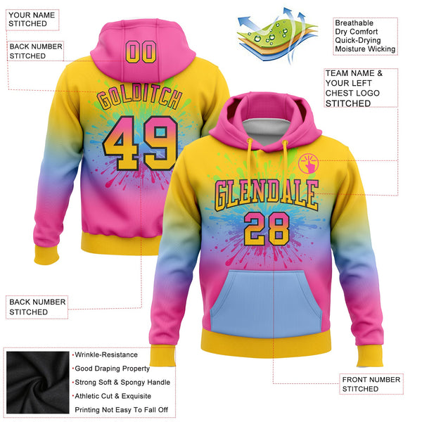 Custom Stitched Yellow Pink Light Blue-Black Fade Fashion Splash Sports Pullover Sweatshirt Hoodie alternate