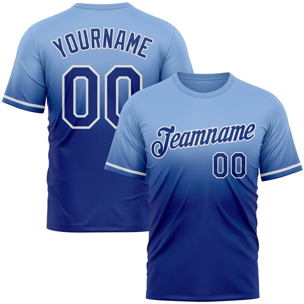 Custom Light Blue Royal-White Fade Fashion Performance T-Shirt