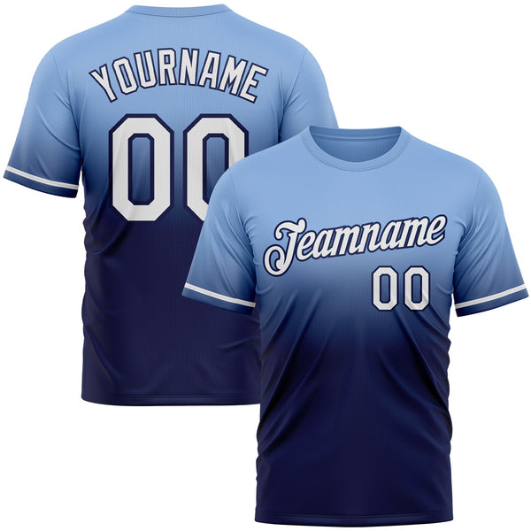 Custom Light Blue White-Navy Fade Fashion Performance T-Shirt