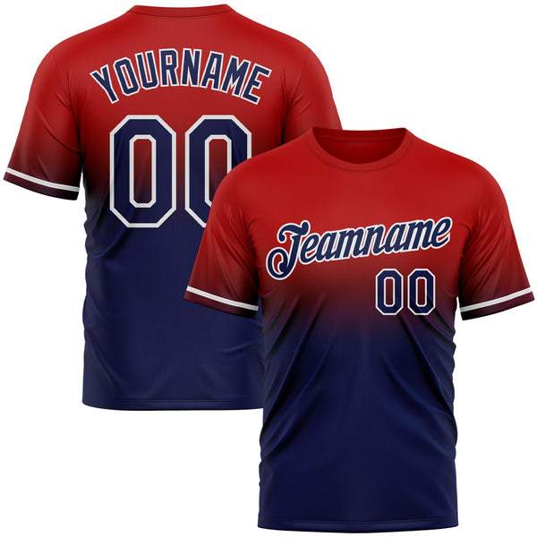 Custom Red Navy-White Fade Fashion Performance T-Shirt