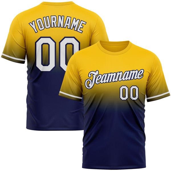 Custom Yellow White-Navy Fade Fashion Performance T-Shirt
