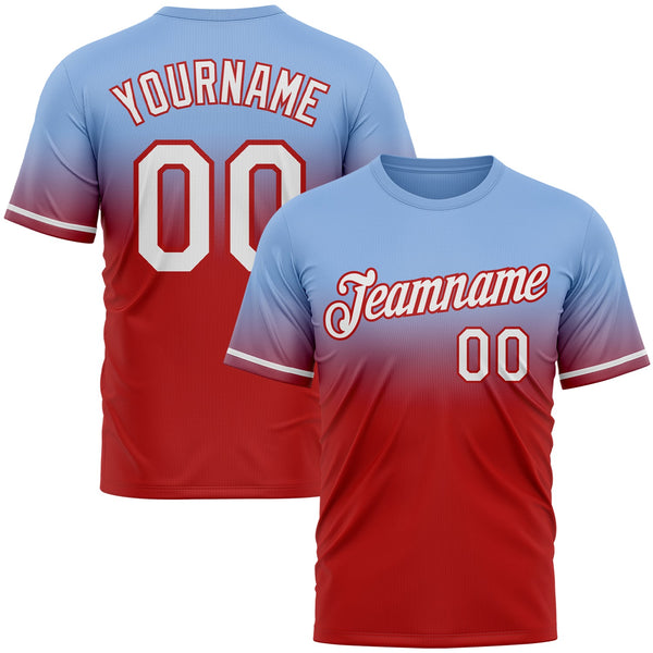 Custom Light Blue White-Red Fade Fashion Performance T-Shirt