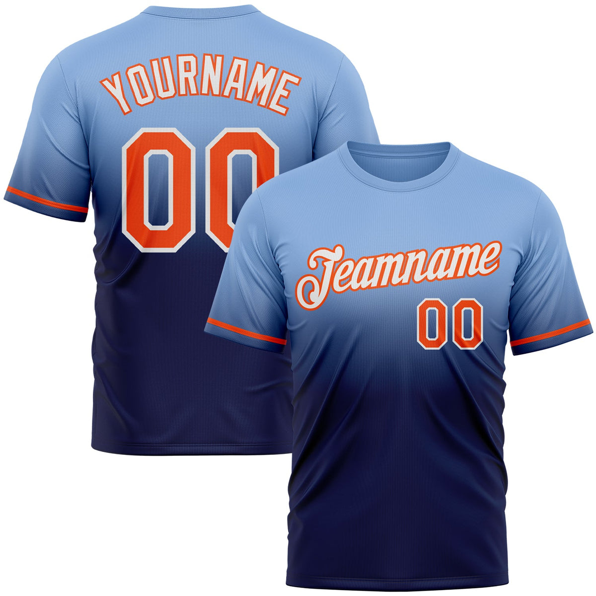 Custom Light Blue Orange-Navy Fade Fashion Performance T-Shirt