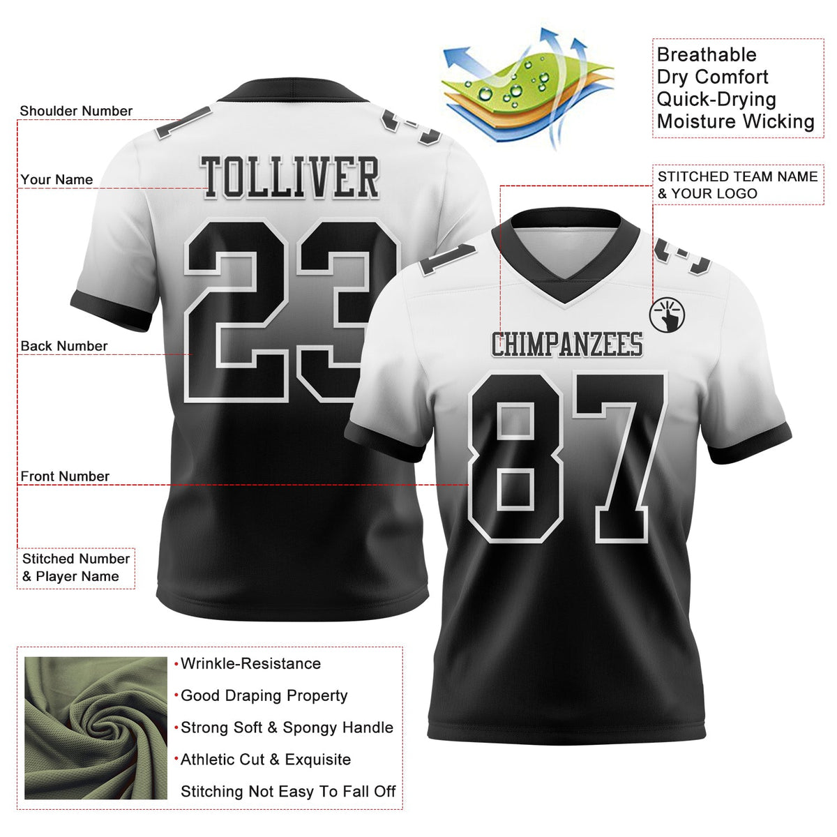 Custom White Black Authentic Fade Fashion Football Jersey - Back