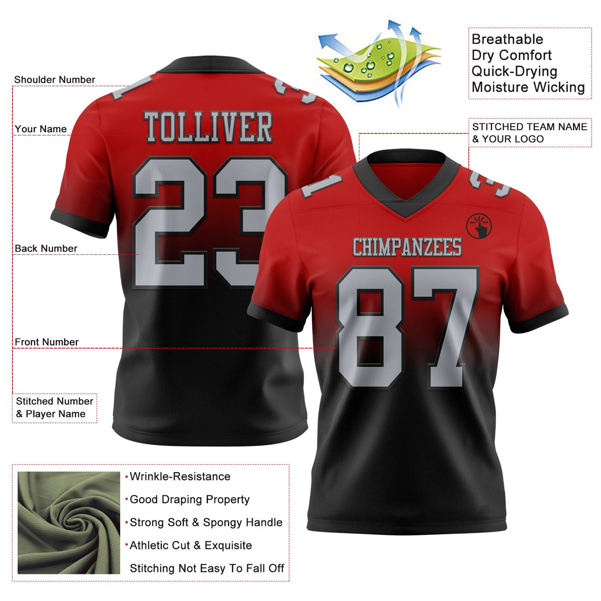 Custom Red Gray-Black Authentic Fade Fashion Football Jersey - Back
