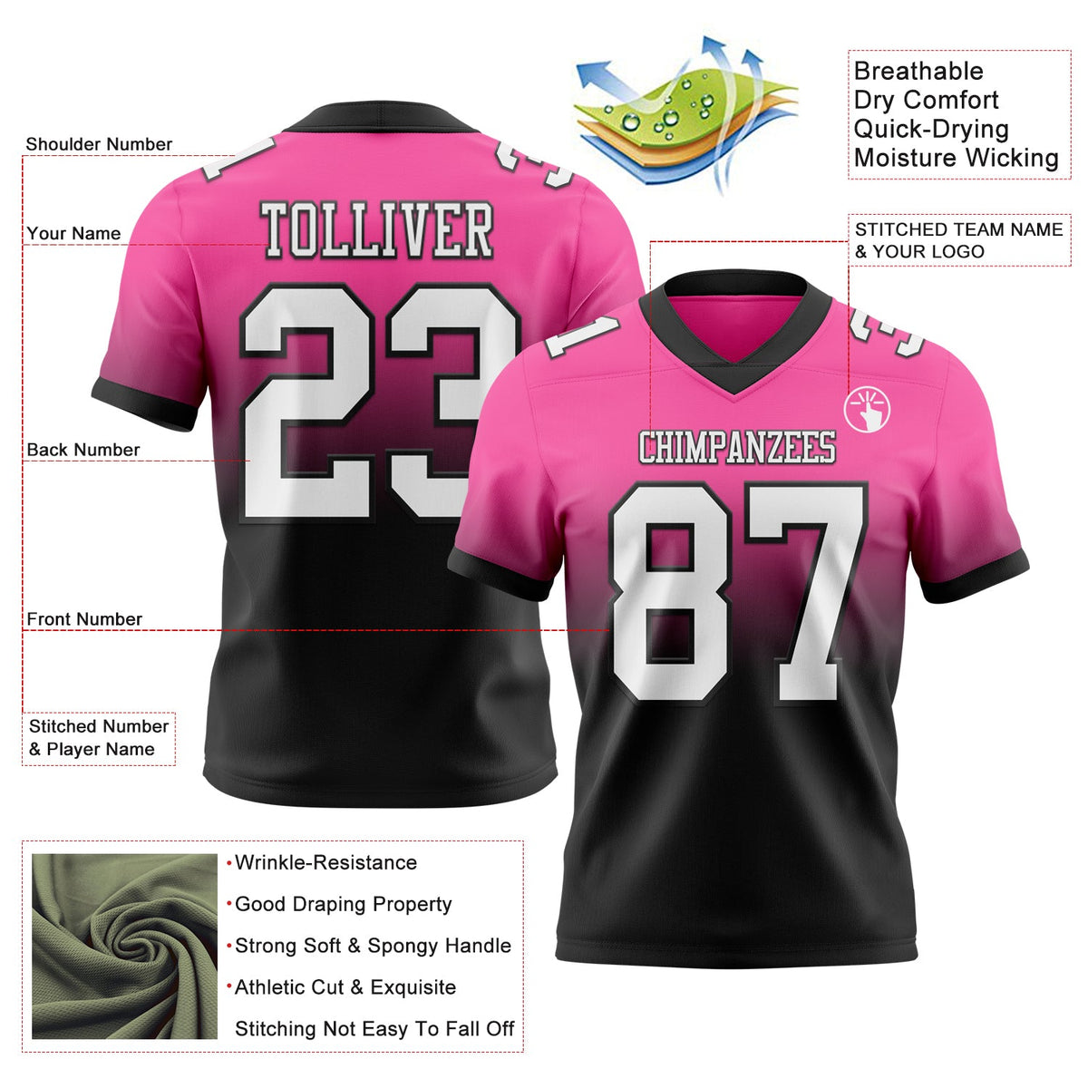 Custom Pink White-Black Authentic Fade Fashion Football Jersey - Back