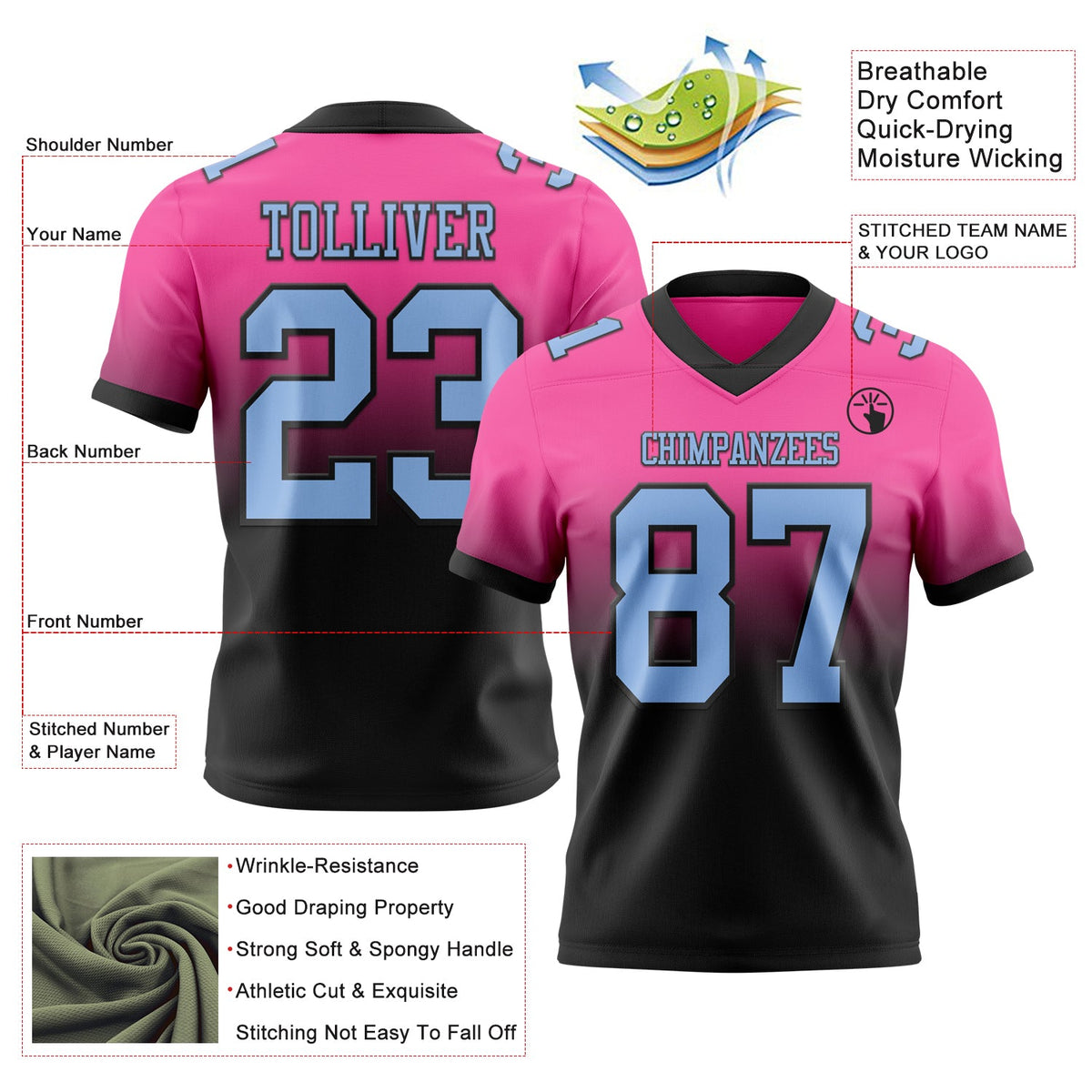 Custom Pink Light Blue-Black Authentic Fade Fashion Football Jersey - Back
