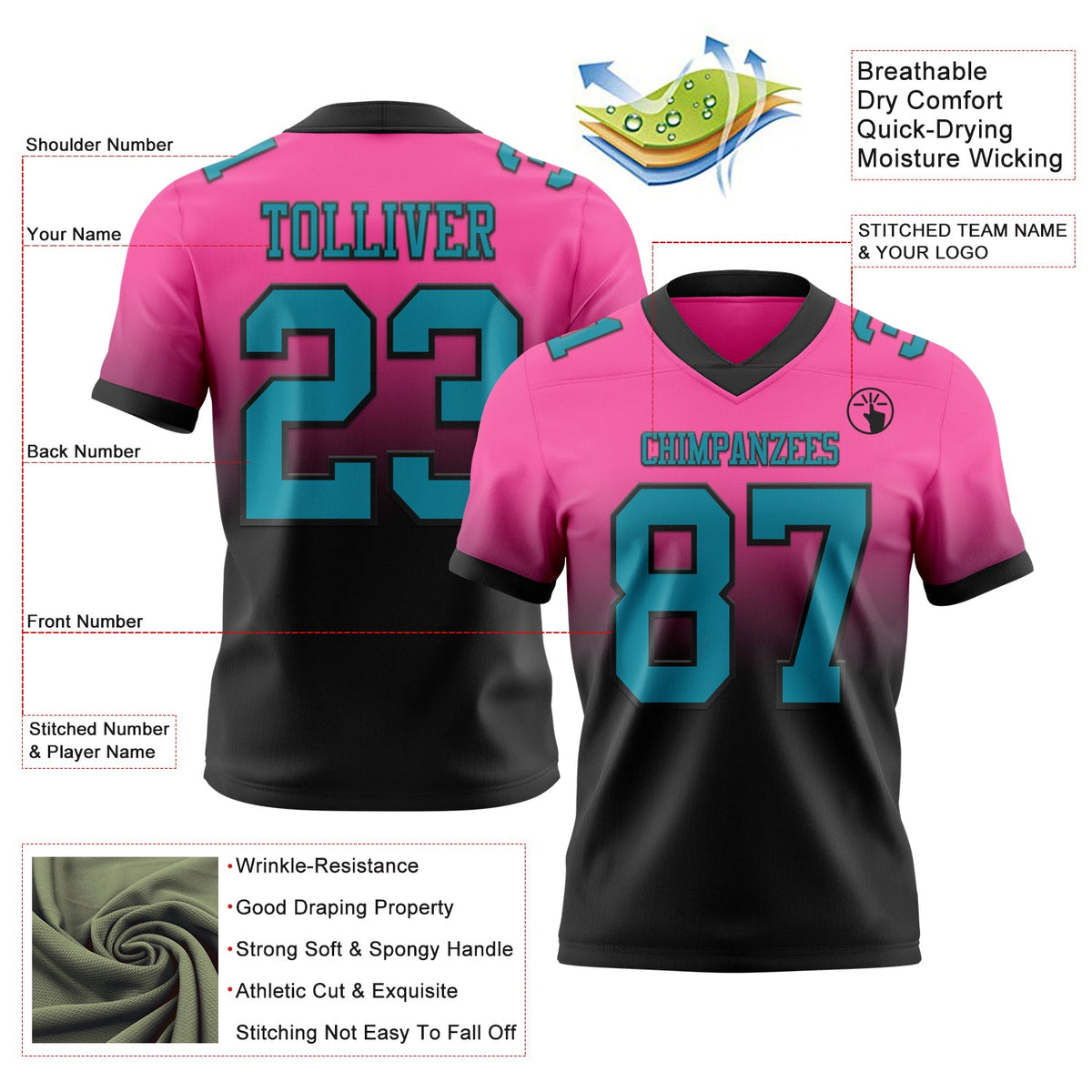 Custom Pink Teal-Black Authentic Fade Fashion Football Jersey - Back