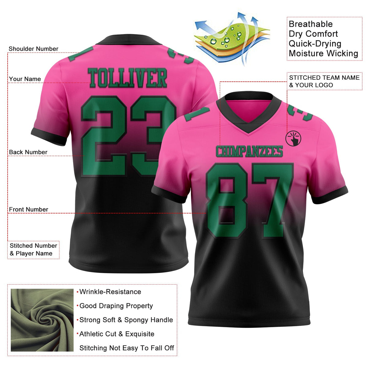 Custom Pink Kelly Green-Black Authentic Fade Fashion Football Jersey - Back