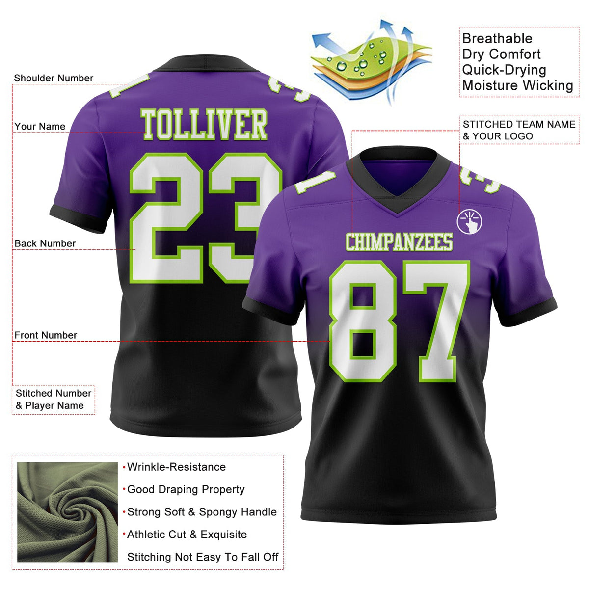 Custom Purple White Black-Neon Green Authentic Fade Fashion Football Jersey - Back