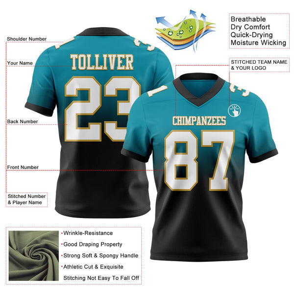 Custom Teal White Black-Old Gold Authentic Fade Fashion Football Jersey alternate