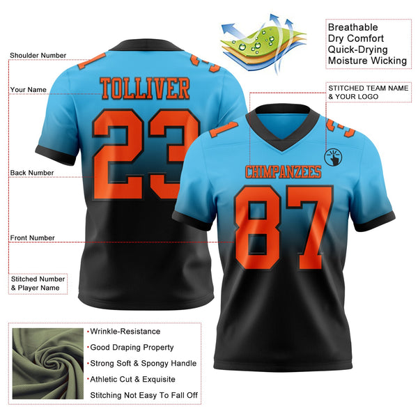 Custom Sky Blue Orange-Black Authentic Fade Fashion Football Jersey alternate