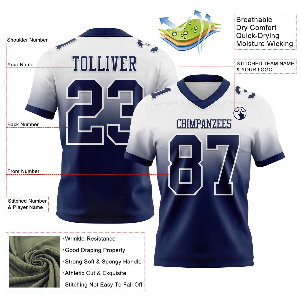 Custom White Navy Authentic Fade Fashion Football Jersey - Back