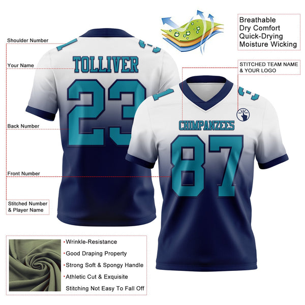 Custom White Teal-Navy Authentic Fade Fashion Football Jersey alternate