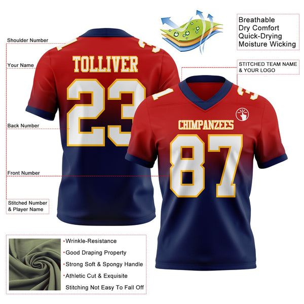 Custom Red White Navy-Gold Authentic Fade Fashion Football Jersey alternate