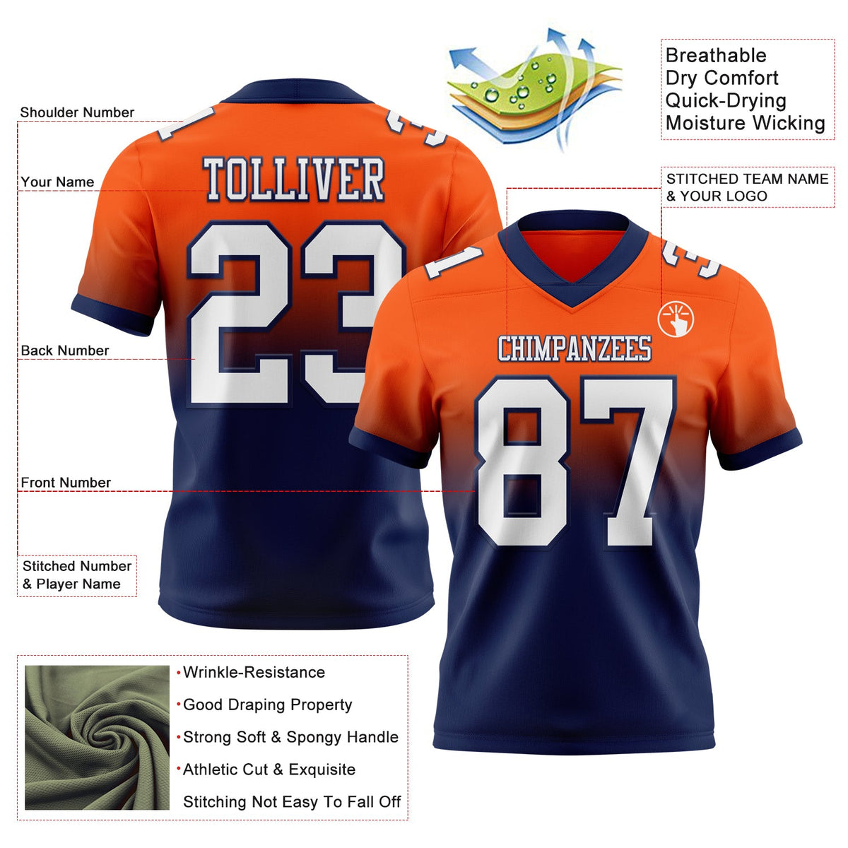 Custom Orange White-Navy Authentic Fade Fashion Football Jersey - Back