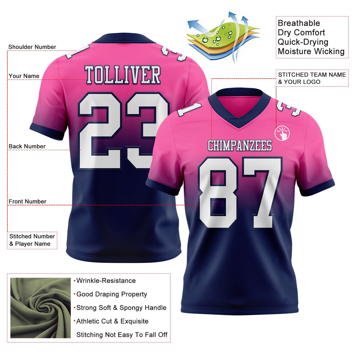 Custom Pink White-Navy Authentic Fade Fashion Football Jersey - Back