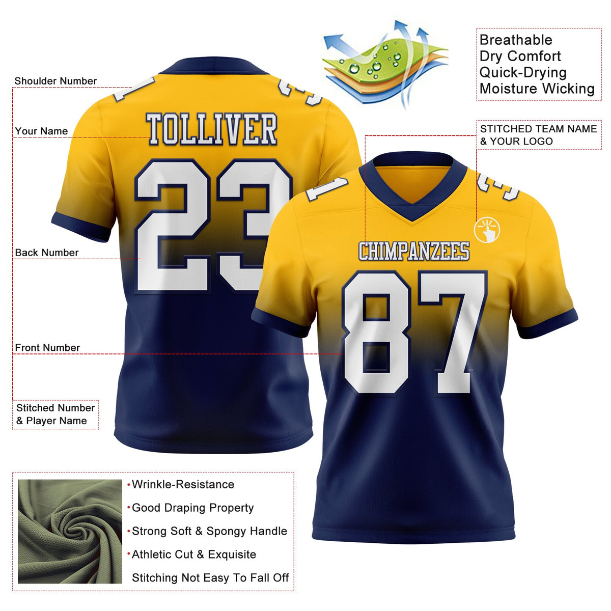 Custom Gold White-Navy Authentic Fade Fashion Football Jersey - Back
