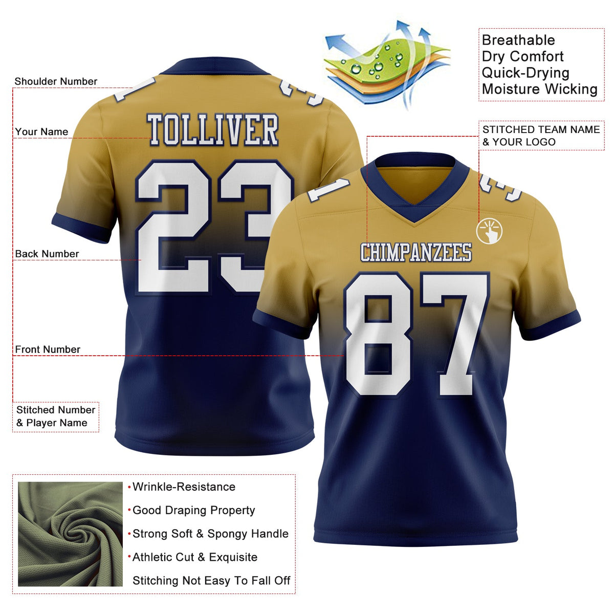 Custom Old Gold White-Navy Authentic Fade Fashion Football Jersey - Back