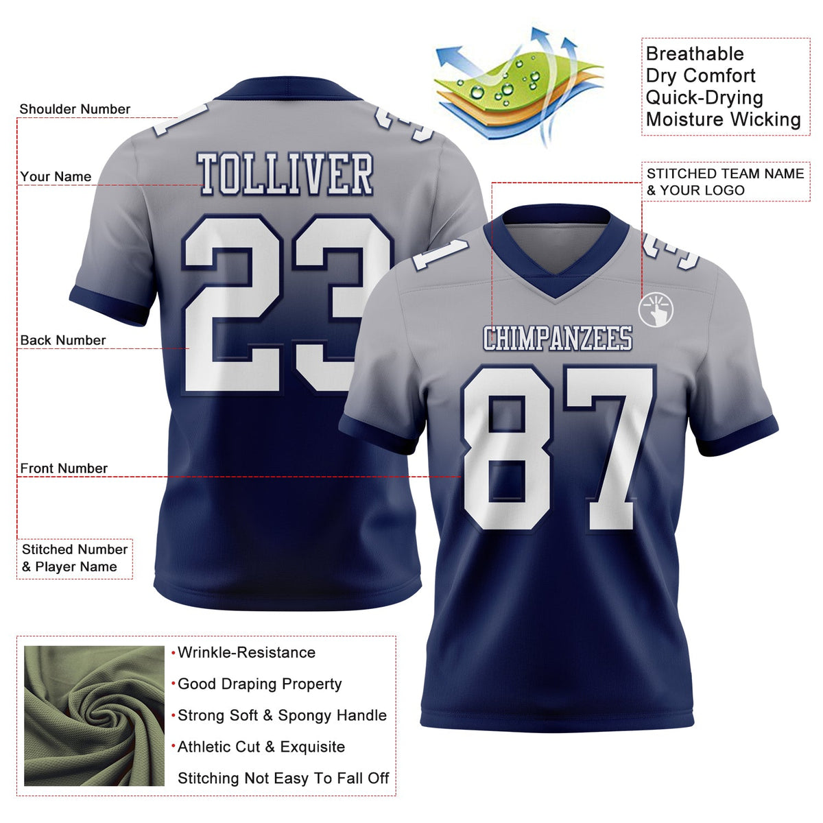 Custom Gray White-Navy Authentic Fade Fashion Football Jersey - Back