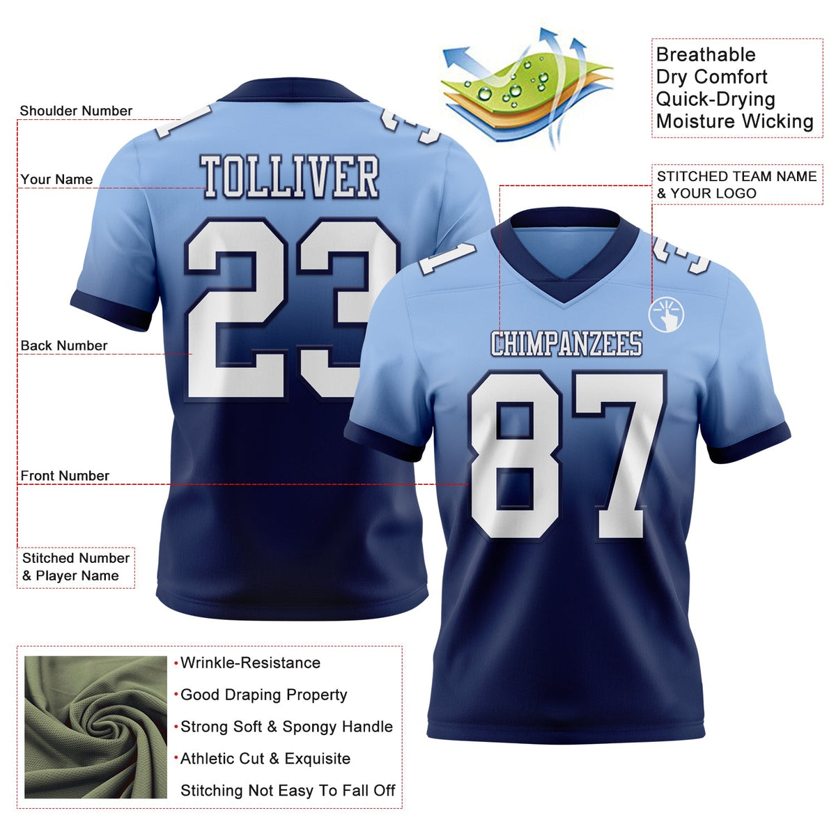 Custom Light Blue White-Navy Authentic Fade Fashion Football Jersey - Back