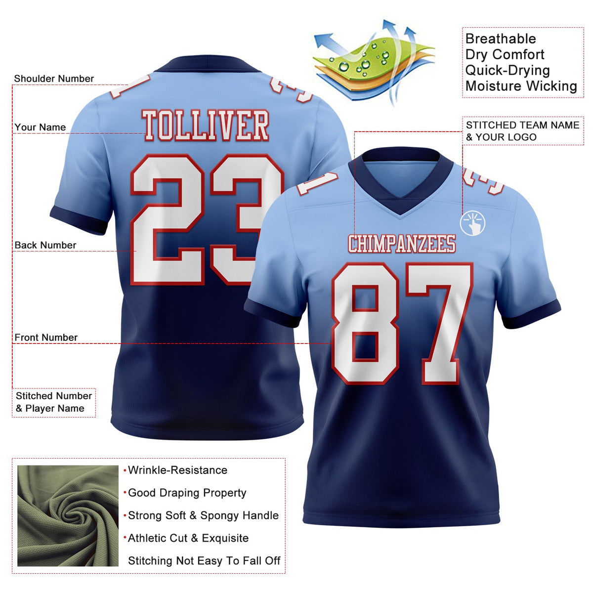 Custom Light Blue White Navy-Red Authentic Fade Fashion Football Jersey - Back
