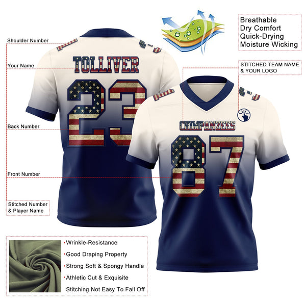 Custom Cream Vintage USA Flag-Navy Authentic Fade Fashion Football Jersey alternate