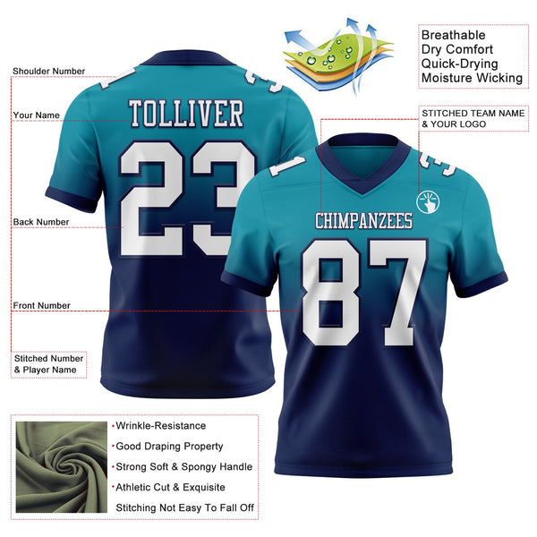 Custom Teal White-Navy Authentic Fade Fashion Football Jersey alternate