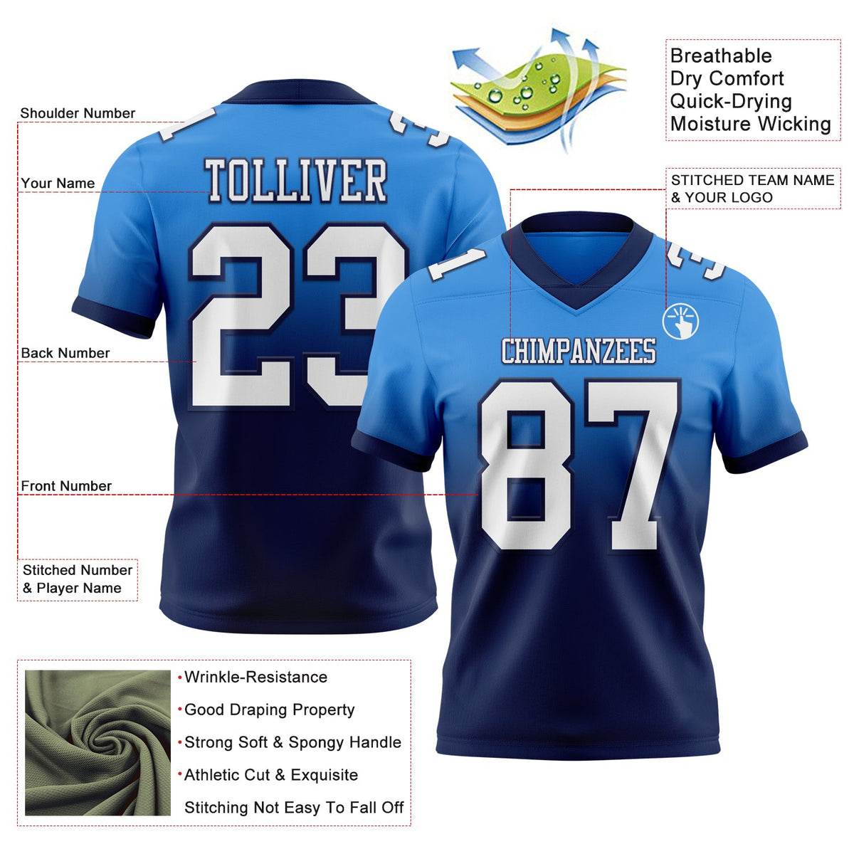 Custom Powder Blue White-Navy Authentic Fade Fashion Football Jersey - Back