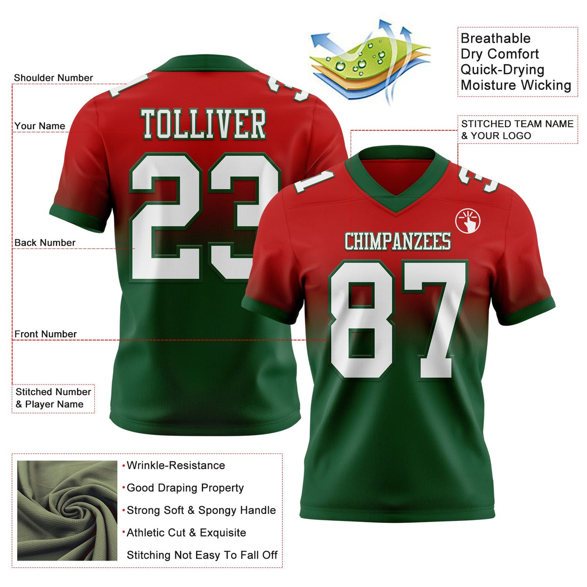 Custom Red White-Green Authentic Fade Fashion Football Jersey - Back