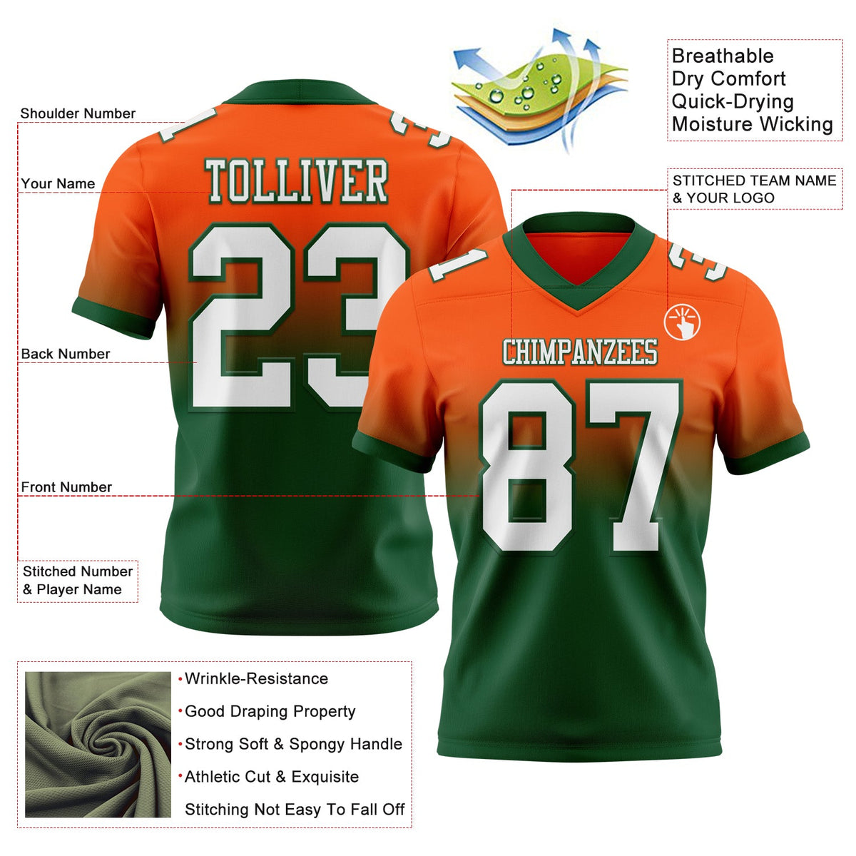 Custom Orange White-Green Authentic Fade Fashion Football Jersey - Back
