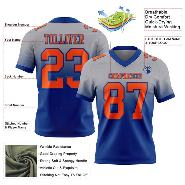 Custom Gray Orange-Royal Authentic Fade Fashion Football Jersey alternate