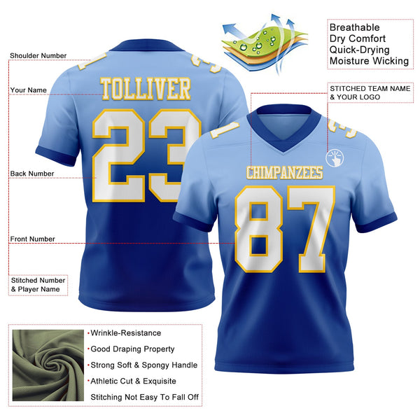 Custom Light Blue White Royal-Yellow Authentic Fade Fashion Football Jersey alternate