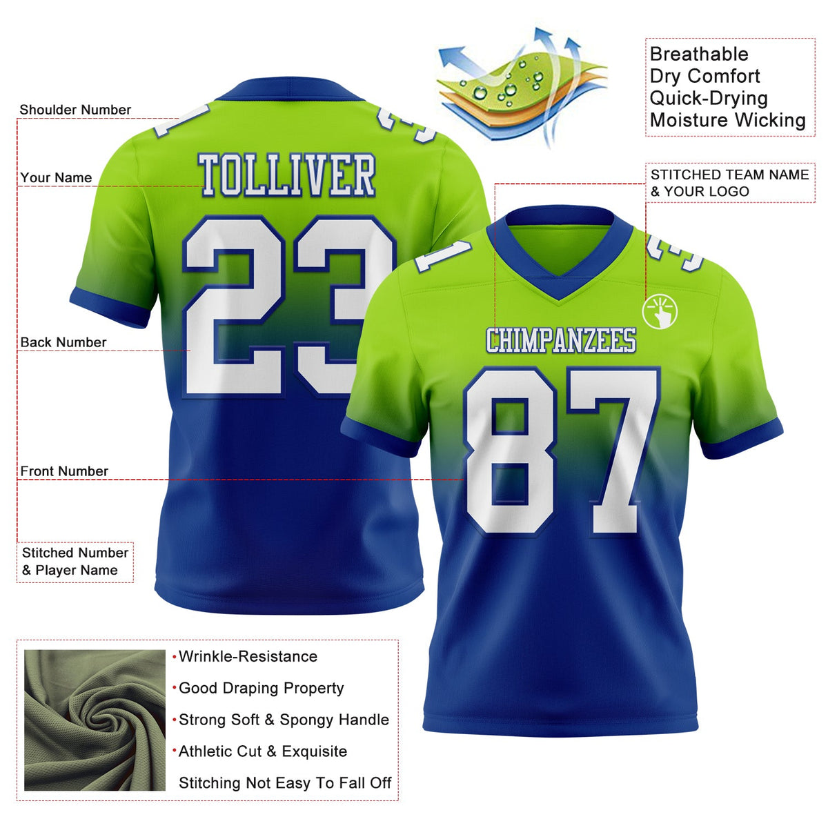 Custom Neon Green White-Royal Authentic Fade Fashion Football Jersey - Back