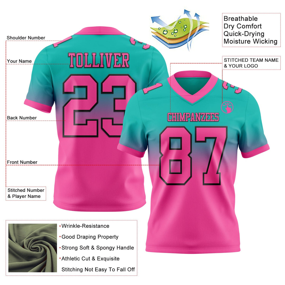 Custom Aqua Pink-Black Authentic Fade Fashion Football Jersey - Back