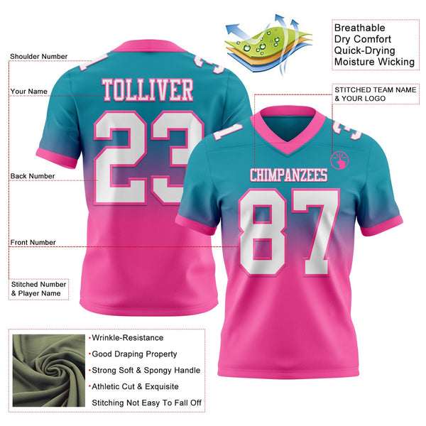 Custom Teal White-Pink Authentic Fade Fashion Football Jersey alternate